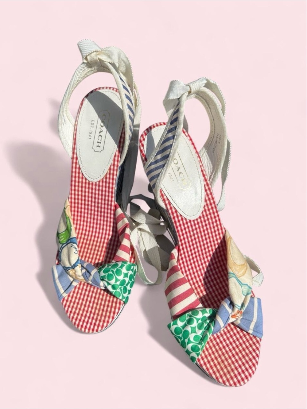 Coach Red Gingham & Multicolor Scarf-Knot Tie-Wrap Wedge Sandals